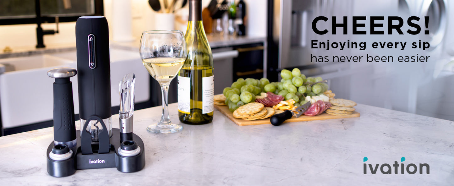 Ivation Wine Gift Set – Includes Electric Opener, Aerator, Vacuum Preserver, 2 Stoppers, Foil Cutter & Charging Base
