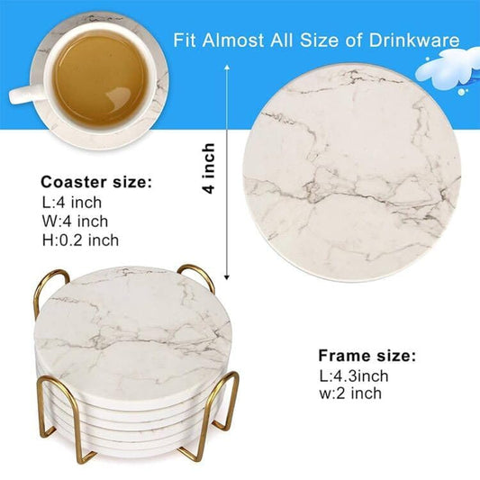 6 Pack White Marble Coaster Set with Holder Absorbent Drink Coasters Ceramic Cute Coaster Bar Dining Coffee Table Accessories Decor Gift Funny Cup Stone Modern Costers Cool Desk Beer Cork Coasters