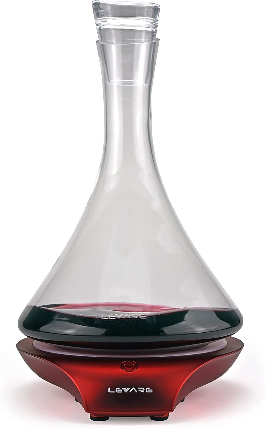 Levare Wine Decanter with Aerator - Durable Crystal Clear Decanter Glass with Stopper & Rotating Electric Wine Aerator System - Ideal Gift for Connoisseurs & Enthusiasts - USB Charging - Holiday Red