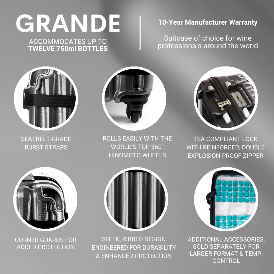 VinGardeValise® Grande Wine Suitcase – 12-Bottle Travel Luggage, TSA-Approved, Durable Hard Shell, Shockproof Foam, Secure Bottle Protection for Enthusiasts & Collectors - Silver