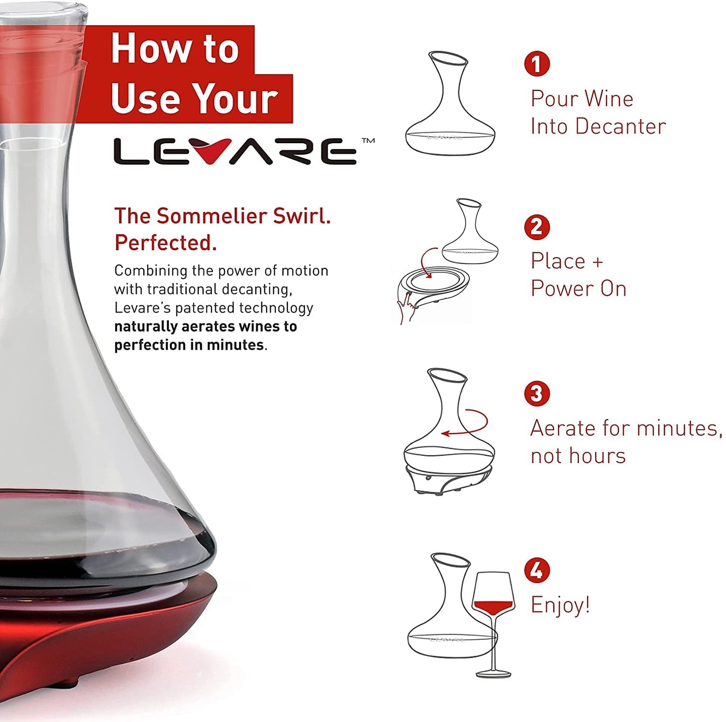 Levare Wine Decanter with Aerator - Durable Crystal Clear Decanter Glass with Stopper & Rotating Electric Wine Aerator System - Ideal Gift for Connoisseurs & Enthusiasts - USB Charging - Holiday Red