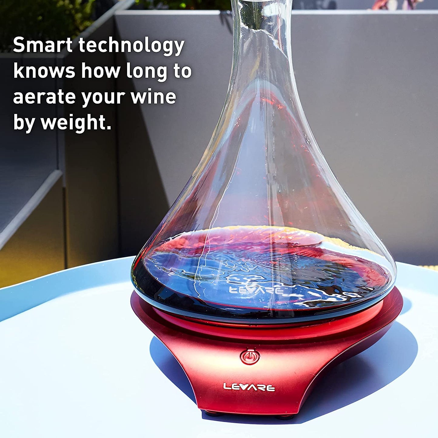 Levare Wine Decanter with Aerator - Durable Crystal Clear Decanter Glass with Stopper & Rotating Electric Wine Aerator System - Ideal Gift for Connoisseurs & Enthusiasts - USB Charging - Holiday Red