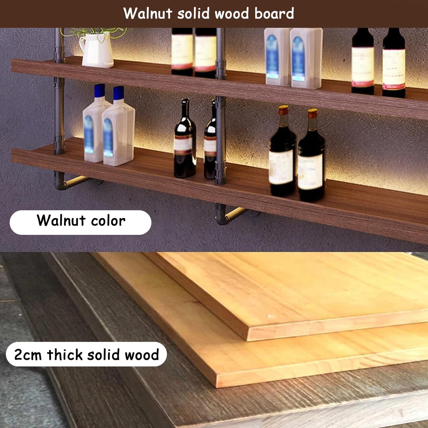 Dawselod Large Wine Rack with LED Light Solid Wood Wall Mounted Wine Rack, 3-Tiers Liquor Bottles Floating Shelves Display Storage Organizer for Home Bar & Dining Room (120cm/47.2in)