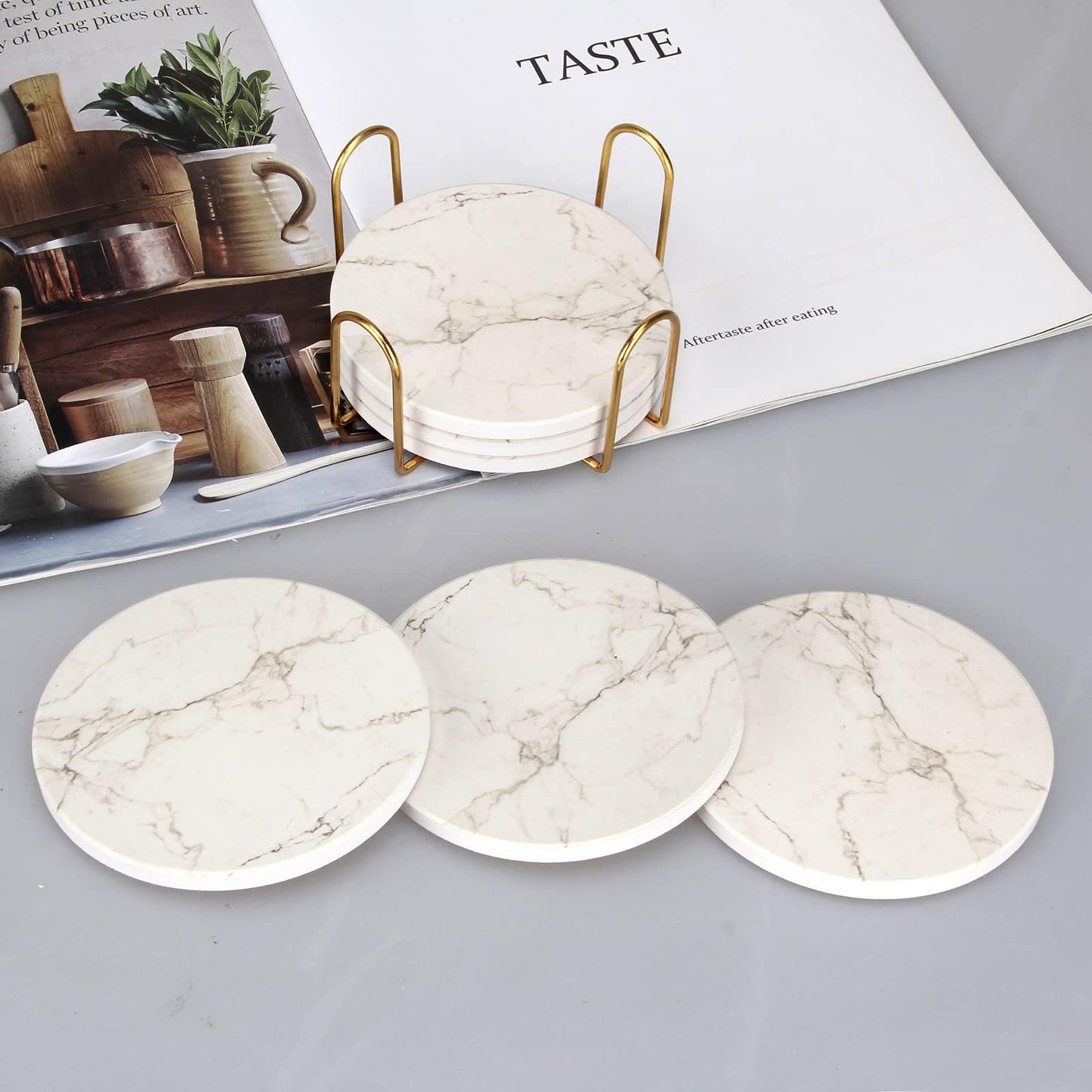 6 Pack White Marble Coaster Set with Holder Absorbent Drink Coasters Ceramic Cute Coaster Bar Dining Coffee Table Accessories Decor Gift Funny Cup Stone Modern Costers Cool Desk Beer Cork Coasters