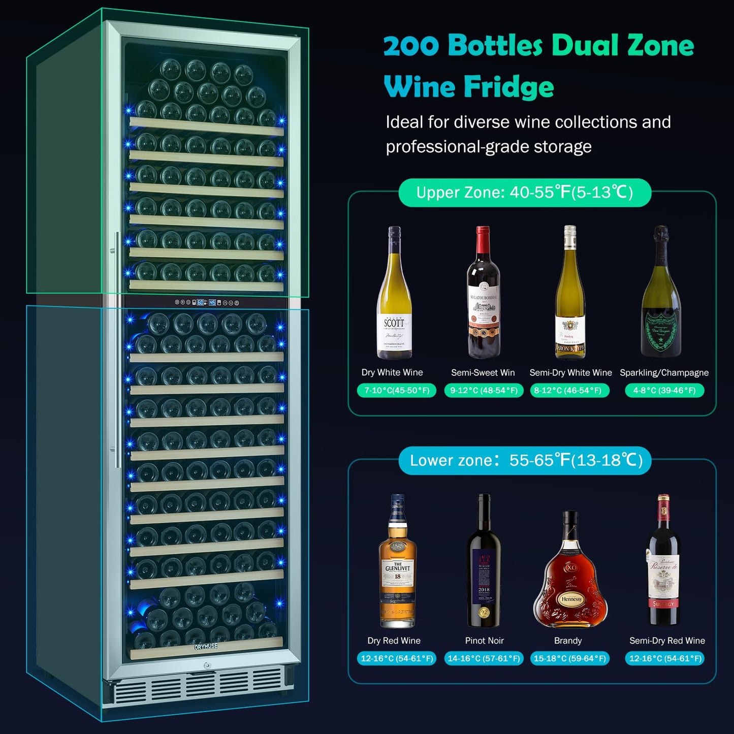 ORYMUSE 200 Bottle Dual Zone Wine Fridge - 24 Inch Large Wine Cooler Refrigerator, Freestanding and Built-in Design, Upgraded Compressor Cooling, Intelligent Temperature Memory