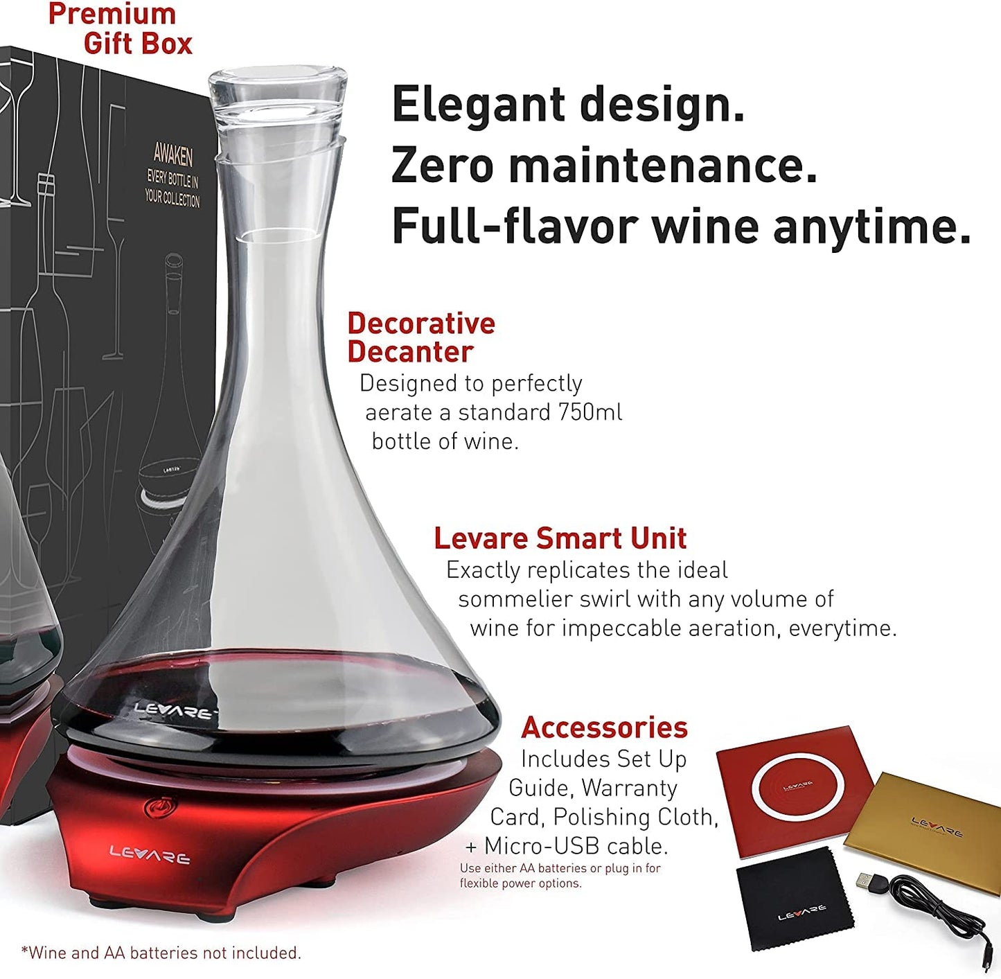 Levare Wine Decanter with Aerator - Durable Crystal Clear Decanter Glass with Stopper & Rotating Electric Wine Aerator System - Ideal Gift for Connoisseurs & Enthusiasts - USB Charging - Holiday Red
