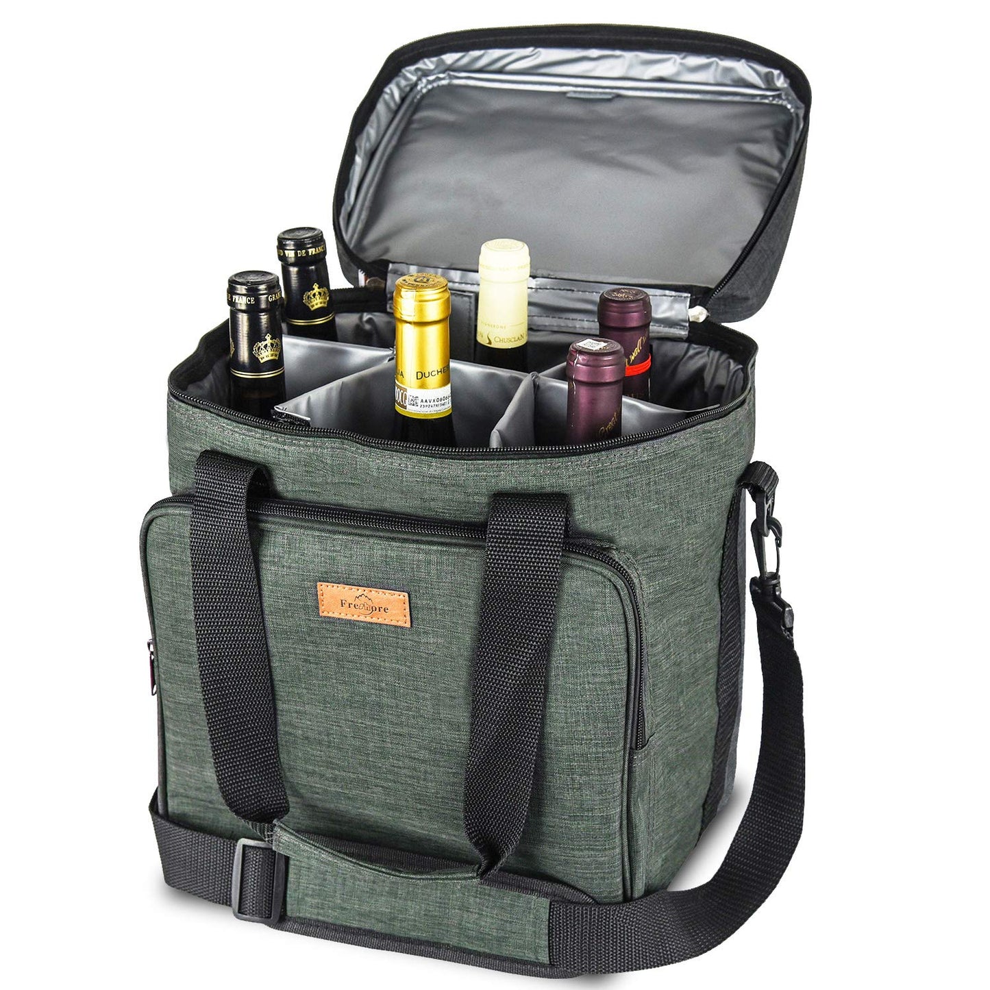Freshore® Insulated Wine Carrier 6 bottle Bag Tote Removable Padded Divider - Portable Travel Padded Cooler Carrying Canvas Case Adjustable Shoulder Strap - (Dark Green)