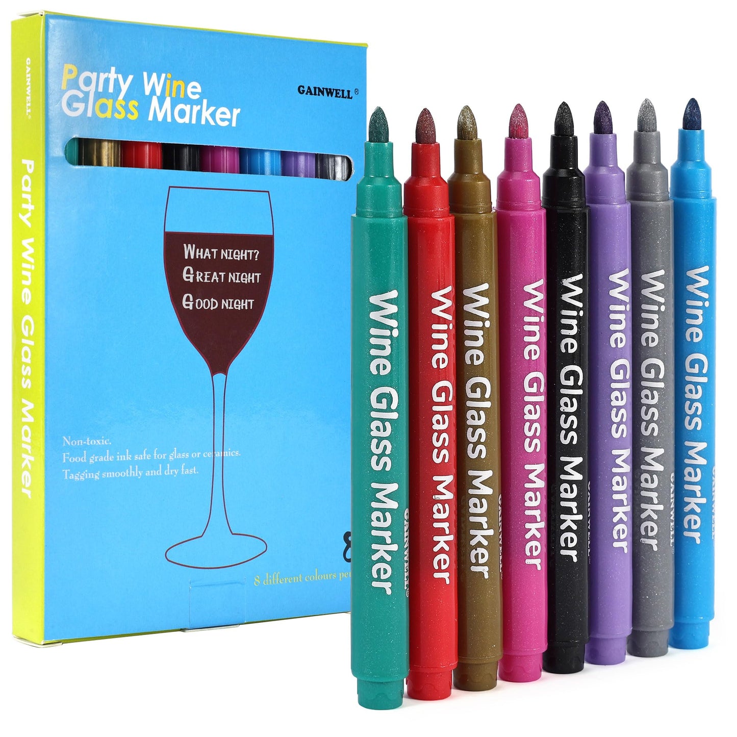 GAINWELL Metallic Wine Glass Markers 8Pcs, Non-Toxic, Food-Safe, Dishwasher-Safe, Wine Glass Marker Pens for Ceramic Plates, Parties & Weddings