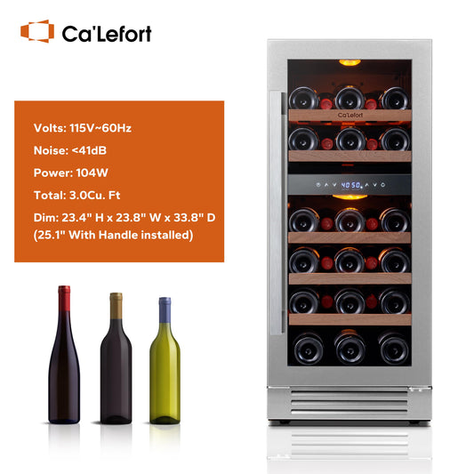 Ca'Lefort 15 Inch Wine Fridge, 28 Bottle Wine Cooler Refrigerator, 40-65°F Wine Refrigerator Glass Door, 3 LED Dual Zone Wine Fridge, Built-in or Freestanding Fridge for Home/Bar/Kitchen (3.0 cu.ft)