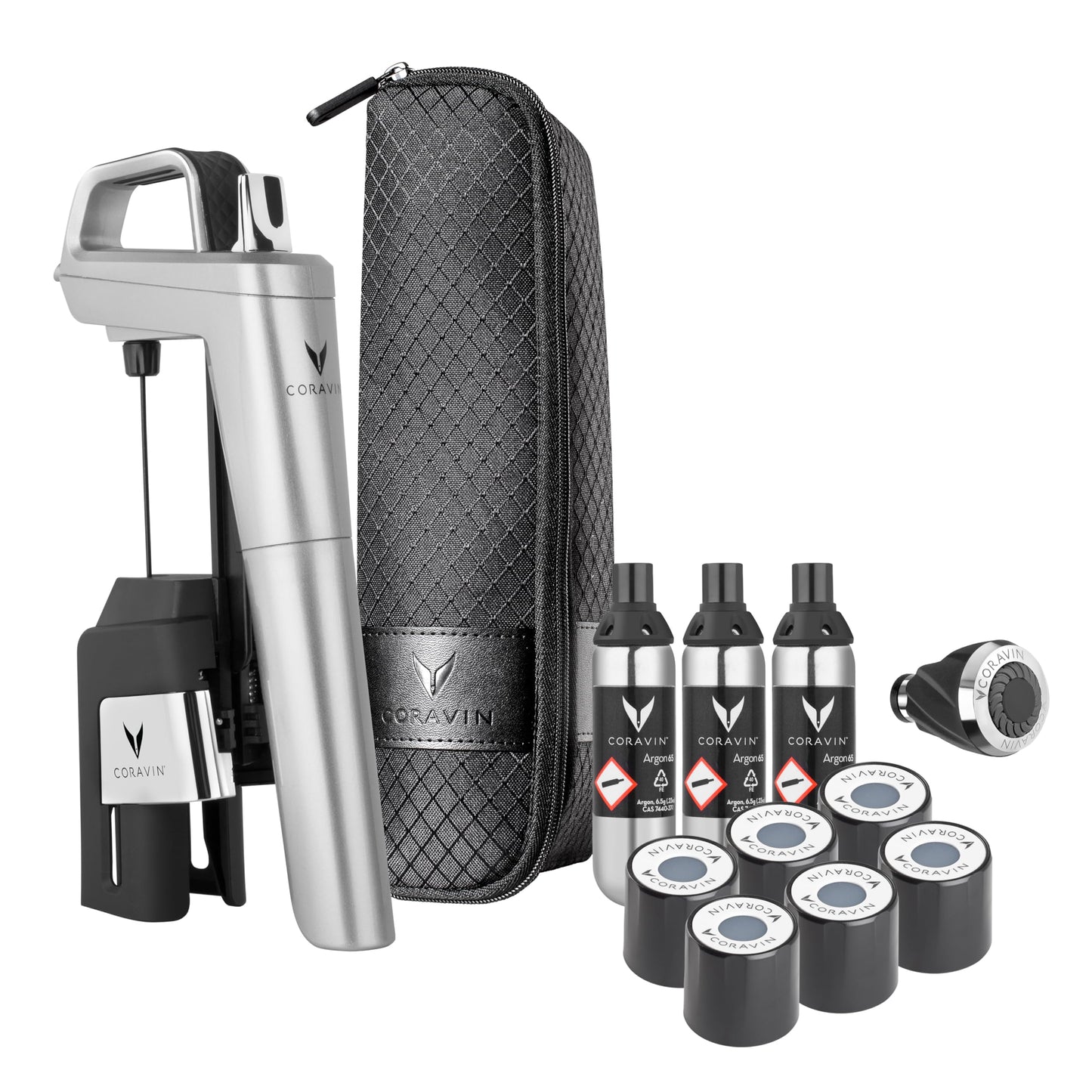 Coravin Timeless Six Plus Wine Preservation System - By-the-Glass Wine Saver - With 3 Pure Argon Gas Capsules, 6 Screw Caps & Wine Aerator - Silver