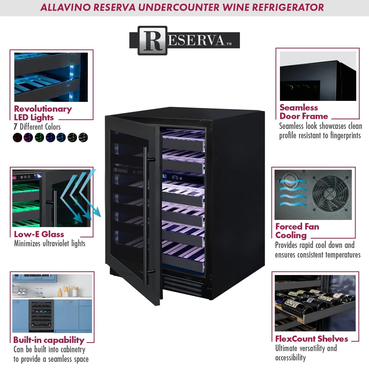 Allavino Reserva Series 50 Bottle 34" Tall Single or Dual Zone Black Stainless Steel Wine Cooler Refrigerator