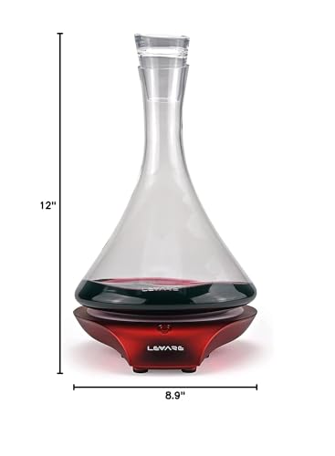 Levare Wine Decanter with Aerator - Durable Crystal Clear Decanter Glass with Stopper & Rotating Electric Wine Aerator System - Ideal Gift for Connoisseurs & Enthusiasts - USB Charging - Holiday Red