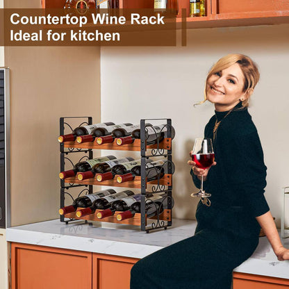 12-Bottle Black and Brown Countertop Wine Rack, Stackable Wine Organizer, 3-Tier Freestanding Wine Bottle Holder