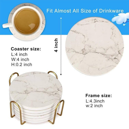 6 Pack White Marble Coaster Set with Holder Absorbent Drink Coasters Ceramic Cute Coaster Bar Dining Coffee Table Accessories Decor Gift Funny Cup Stone Modern Costers Cool Desk Beer Cork Coasters