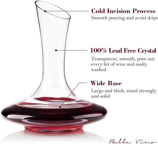 Large Elegant Red Wine Decanter Aerator Pourer - 100% Hand Blown Lead-Free Clear Crystal Glass - Wine Carafe Bottle, Wine Lovers Accessory Gift - 1600ml.