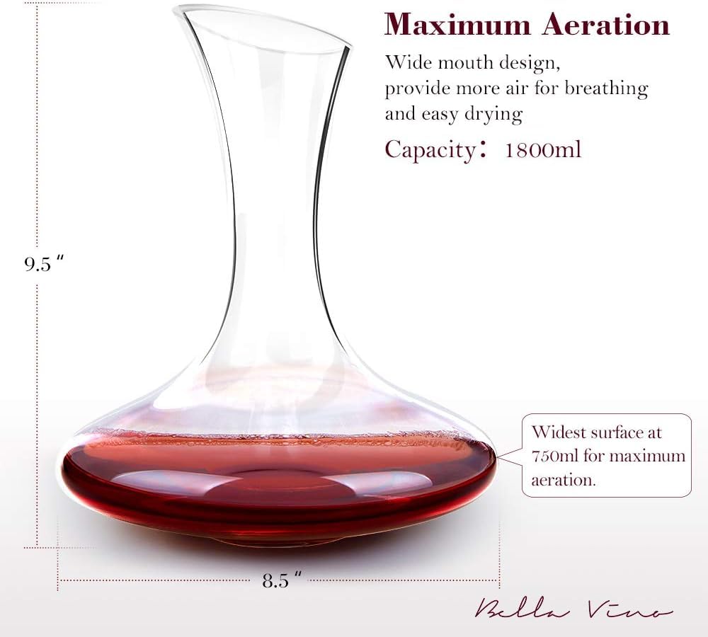 Large Elegant Red Wine Decanter Aerator Pourer - 100% Hand Blown Lead-Free Clear Crystal Glass - Wine Carafe Bottle, Wine Lovers Accessory Gift - 1600ml.