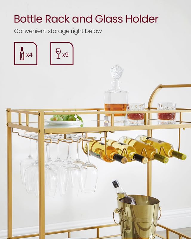VASAGLE Bar Cart Gold, Home Bar Serving Cart, Wine Cart with 2 Mirrored Shelves, Wine Holders, Glass Holders, for Kitchen, Dining Room, Gold ULRC090A03