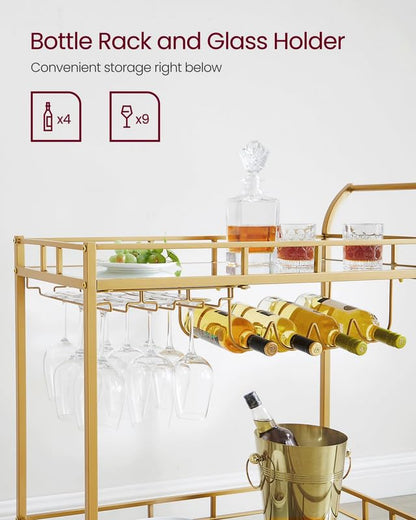 VASAGLE Bar Cart Gold, Home Bar Serving Cart, Wine Cart with 2 Mirrored Shelves, Wine Holders, Glass Holders, for Kitchen, Dining Room, Gold ULRC090A03