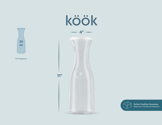 Kook Glass Carafe, Mimosa Bar Supplies, Carafe Pitchers with Lid, Glass Water Pitcher, Drink Dispensers for Parties, Tea, Wine, and Juice, Plastic Lids, Dishwasher Safe, 35 oz (set of 4)