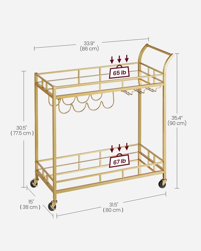 VASAGLE Bar Cart Gold, Home Bar Serving Cart, Wine Cart with 2 Mirrored Shelves, Wine Holders, Glass Holders, for Kitchen, Dining Room, Gold ULRC090A03