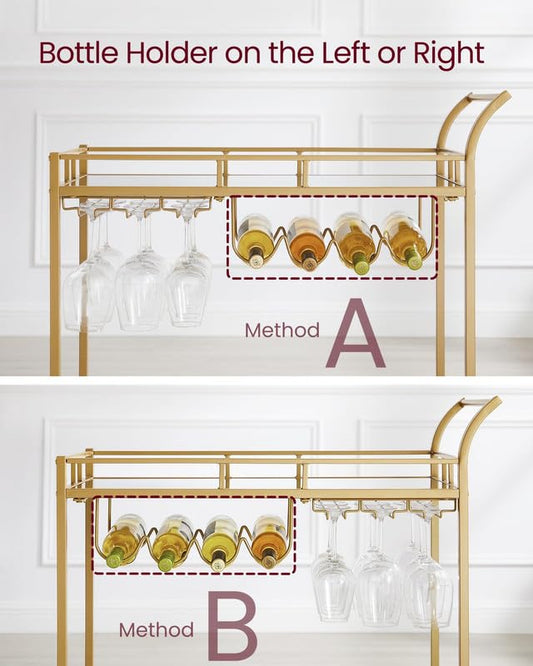 VASAGLE Bar Cart Gold, Home Bar Serving Cart, Wine Cart with 2 Mirrored Shelves, Wine Holders, Glass Holders, for Kitchen, Dining Room, Gold ULRC090A03