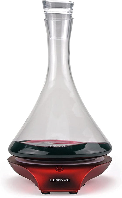 Levare Wine Decanter with Aerator - Durable Crystal Clear Decanter Glass with Stopper & Rotating Electric Wine Aerator System - Ideal Gift for Connoisseurs & Enthusiasts - USB Charging - Holiday Red