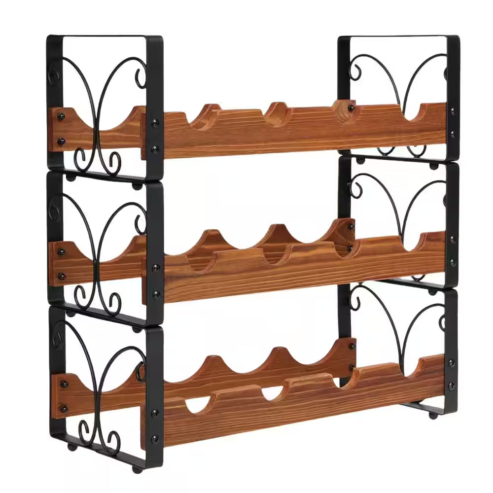 12-Bottle Black and Brown Countertop Wine Rack, Stackable Wine Organizer, 3-Tier Freestanding Wine Bottle Holder