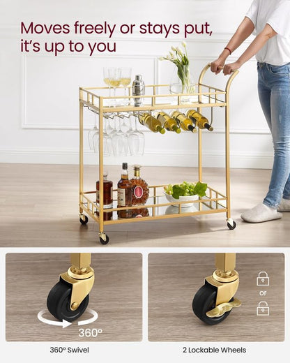 VASAGLE Bar Cart Gold, Home Bar Serving Cart, Wine Cart with 2 Mirrored Shelves, Wine Holders, Glass Holders, for Kitchen, Dining Room, Gold ULRC090A03