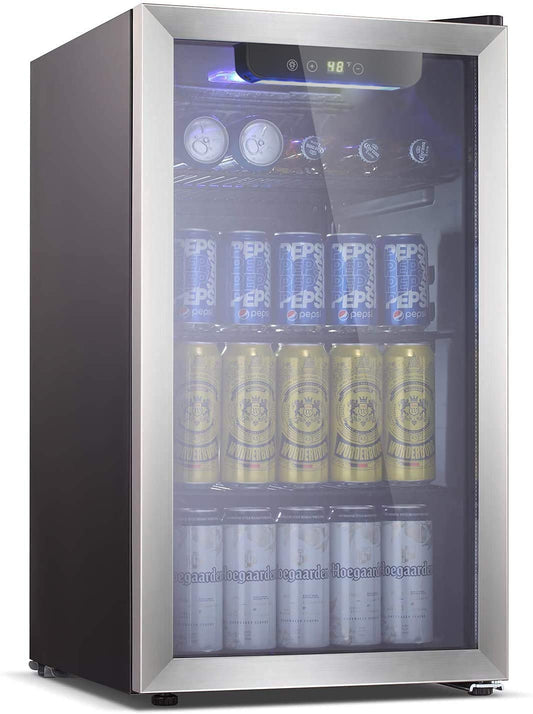 Antarctic Star Beverage Refrigerator -125 Can Mini Fridge for Soda Beer or Wine, Stainless steel door frame, for Office or Bar with Adjustable Removable Shelves, Black, 3.3 Cu.Ft
