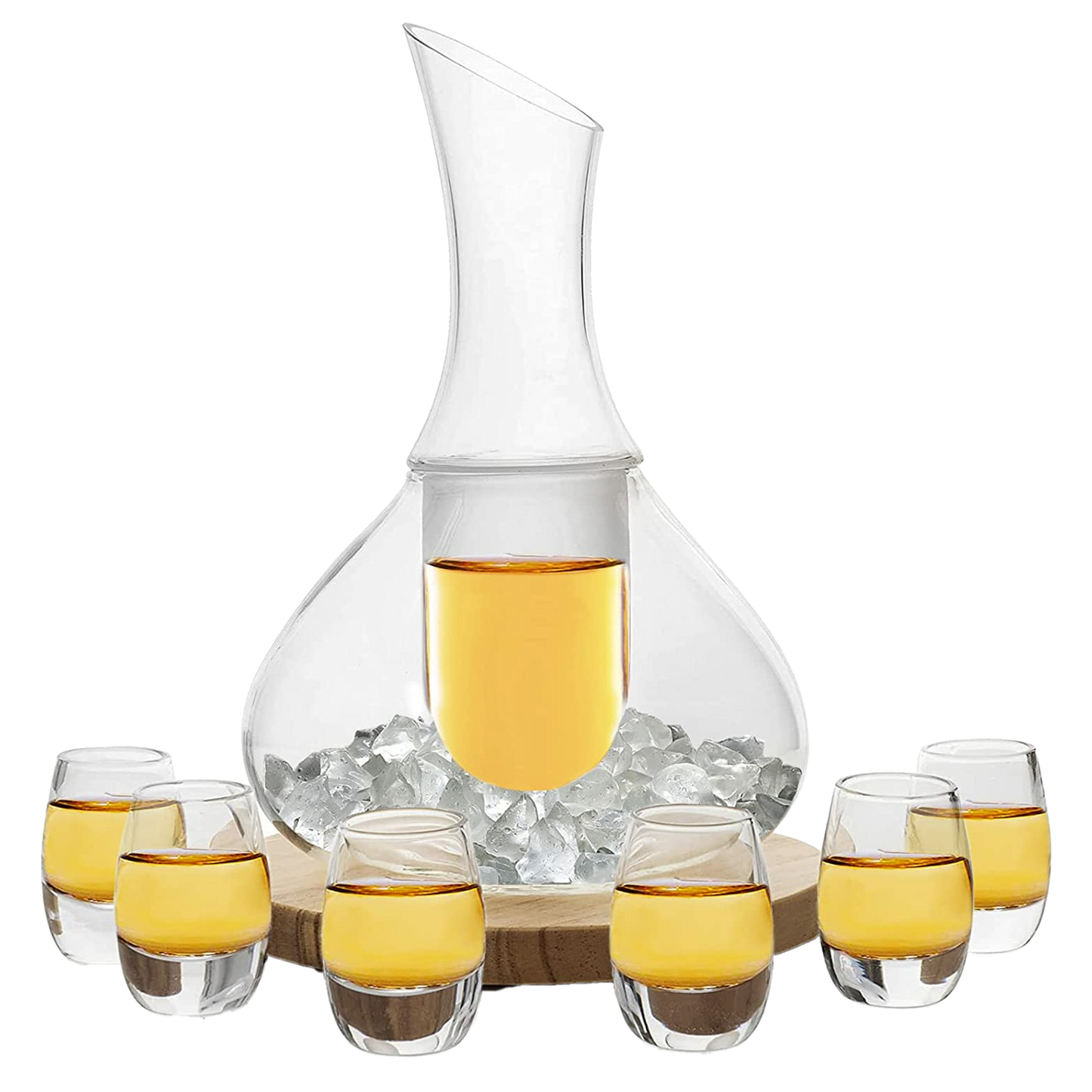 Sake Set Glasses Japanese, 15 Ounce, With 6-1oz Crystal Saki Cups Set, for Warmer or Cold Japanese Wine Drinking with a Wooden Stone Coaster by The Wine Savant, Cups & Carafe Japanese Gifts Set