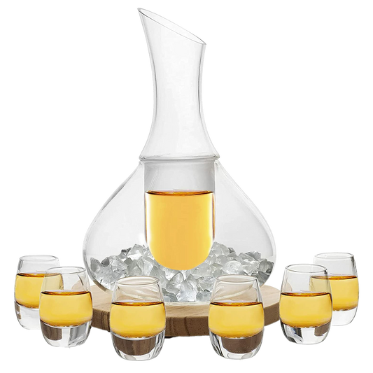 Sake Set Glasses Japanese, 15 Ounce, With 6-1oz Crystal Saki Cups Set, for Warmer or Cold Japanese Wine Drinking with a Wooden Stone Coaster by The Wine Savant, Cups & Carafe Japanese Gifts Set