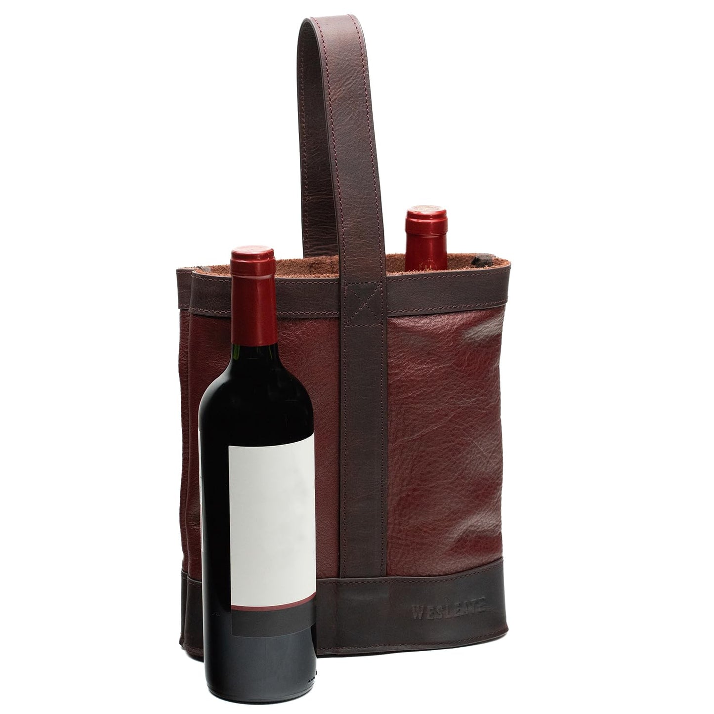 WESLEATH Double Wine Carrier Bag – Leather Wine Tote for Two Bottles with Handles & Metal Buckle – Protective Carrier for Picnic, Wine Champagne Gift Bag (Merlot)