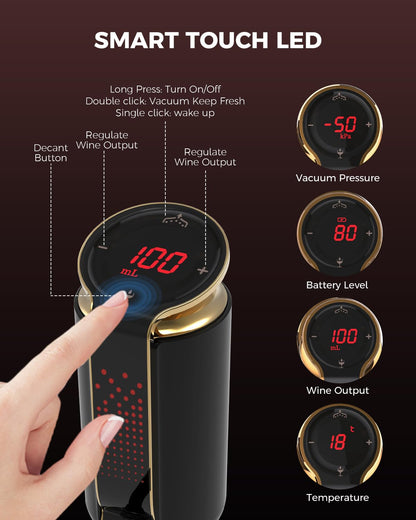 Newise Luxurious 3-in-1 Electric Wine Aerator, Decanter, Dispenser & Vacuum Pump. Touch Screen LED Display - Wine Preservation System with Temp Monitor, Gift for Wine Lovers Women Men (Black)