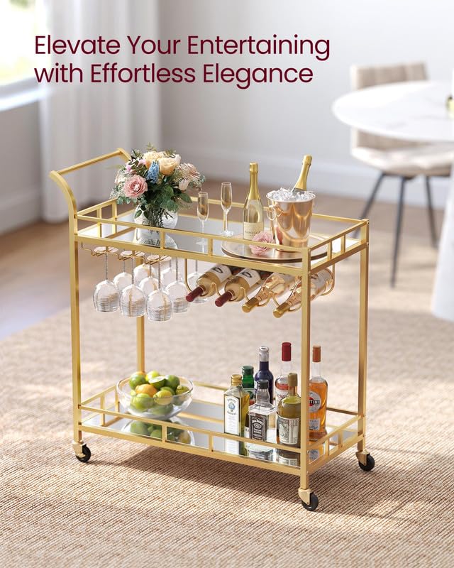 VASAGLE Bar Cart Gold, Home Bar Serving Cart, Wine Cart with 2 Mirrored Shelves, Wine Holders, Glass Holders, for Kitchen, Dining Room, Gold ULRC090A03