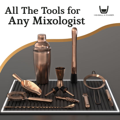 Highball & Chaser 13-Piece Cobbler Cocktail Shaker Set Matte Copper Stainless Steel Bartender Kit For Home Bar Cocktail Set Laser Engraved Cocktail Tools Plus E-Book with 30 Different Cocktail Recipes