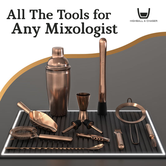 Highball & Chaser 13-Piece Cobbler Cocktail Shaker Set Matte Copper Stainless Steel Bartender Kit For Home Bar Cocktail Set Laser Engraved Cocktail Tools Plus E-Book with 30 Different Cocktail Recipes