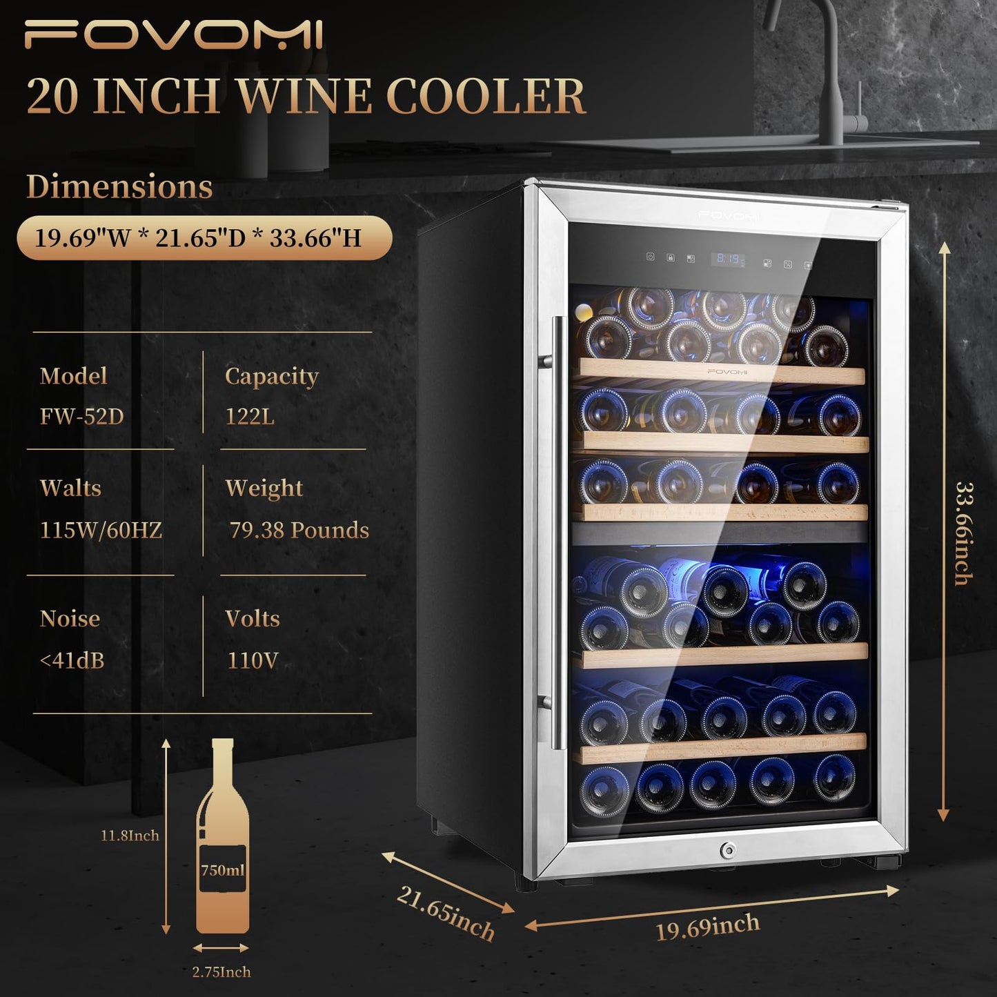 FOVOMI Wine Fridge,52-bottle Wine Cooler Refrigerators Freestanding Wine Refrigerator,(Bordeaux 750ml) Dual Zone Compressor Wine Chiller