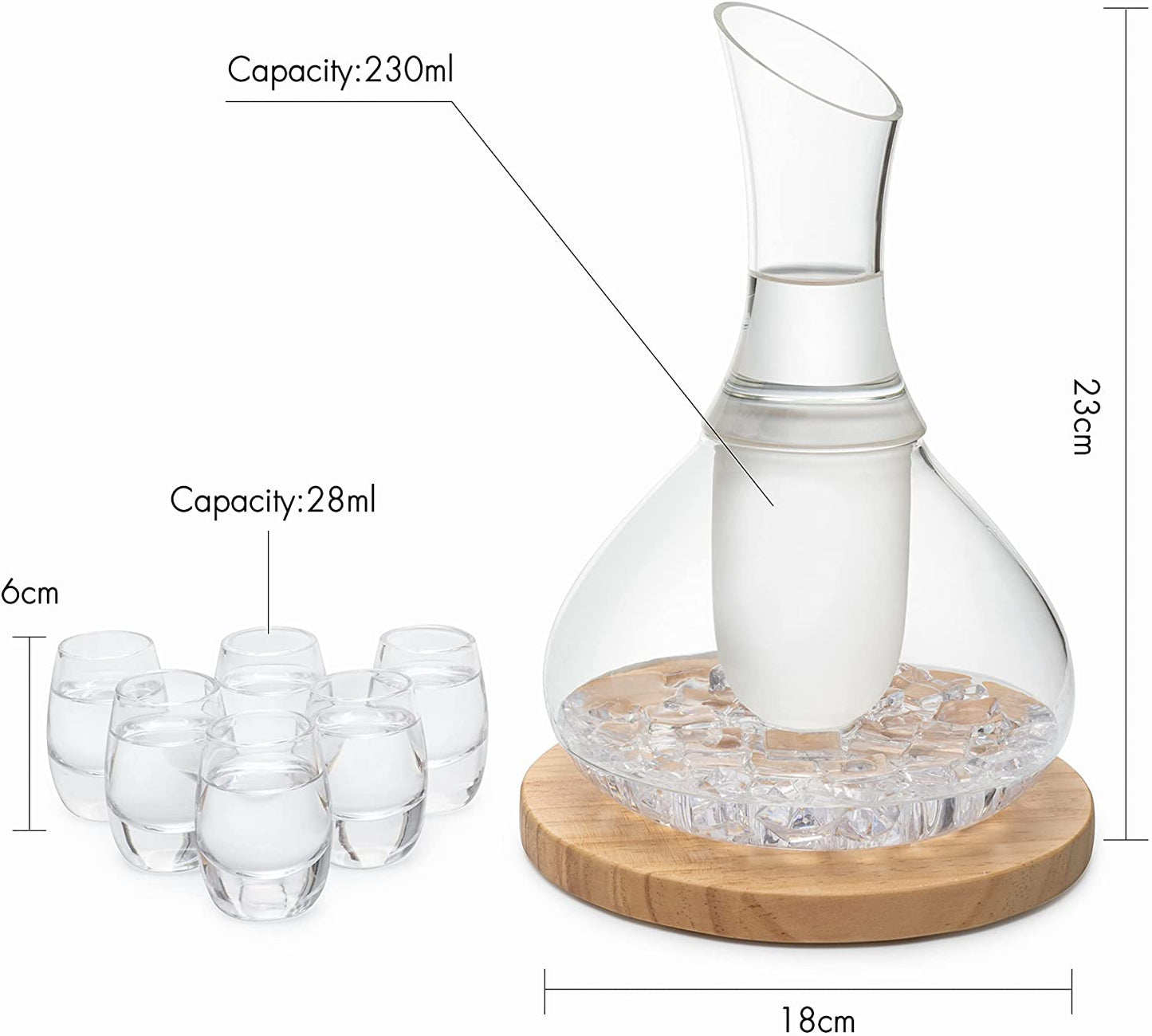 Sake Set Glasses Japanese, 15 Ounce, With 6-1oz Crystal Saki Cups Set, for Warmer or Cold Japanese Wine Drinking with a Wooden Stone Coaster by The Wine Savant, Cups & Carafe Japanese Gifts Set