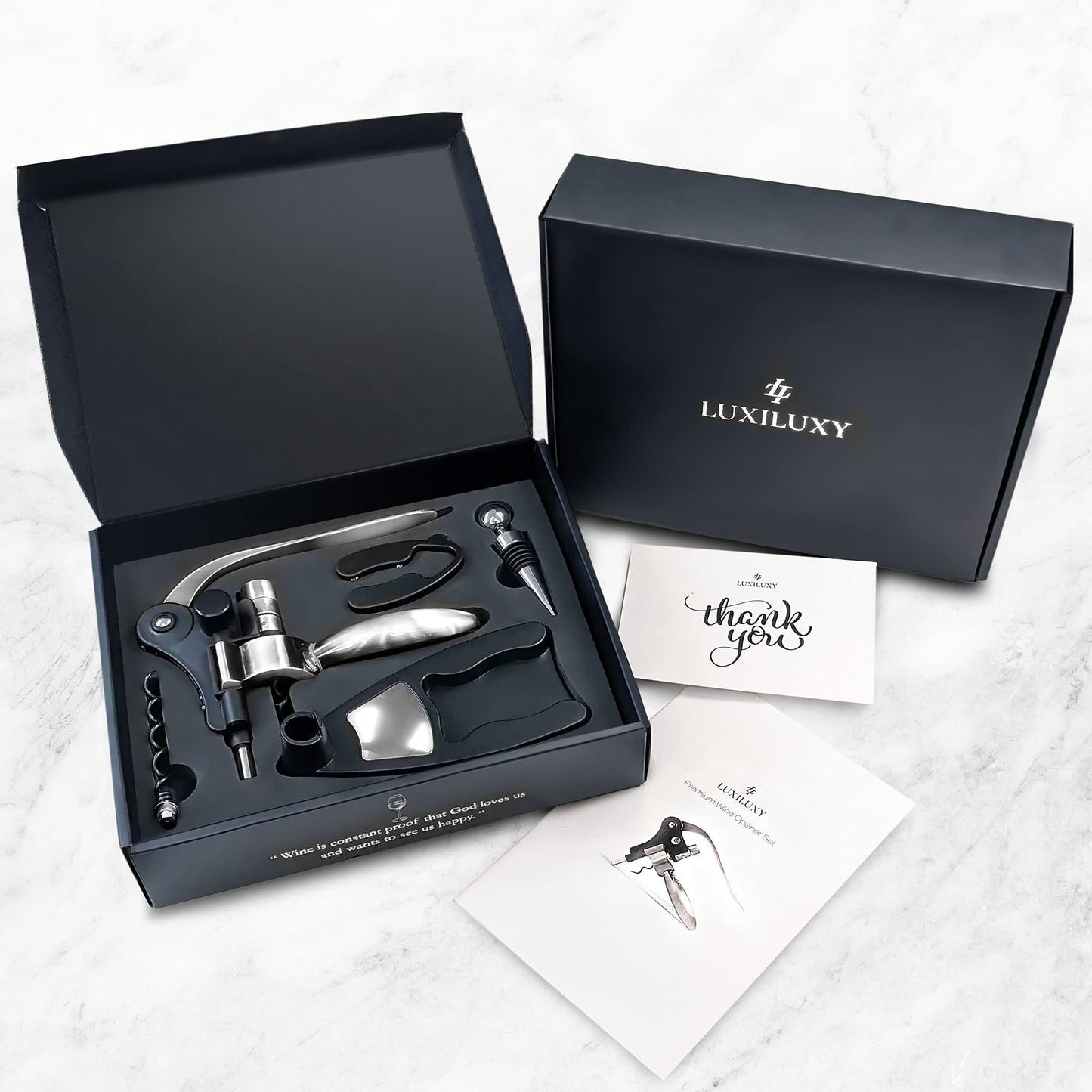 Wine Bottle Opener Corkscrew Set – Luxiluxy [2024 upgraded, does NOT break!] Including Foil Cutter, Bottle Stopper, Opener Stand and Extra Spiral - corkscrews wine opener set- wine opener kit
