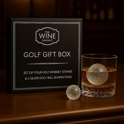 Golf Ball Whiskey Coolers - Pack of 5 - Men's Gift Set; Golfer's Whiskey Chill Stones, Reusable Cooling Balls; Includes 4 Chilling Stones - Ideal Golf-Themed Gift for Men + Metallic Tongs & Gift Box