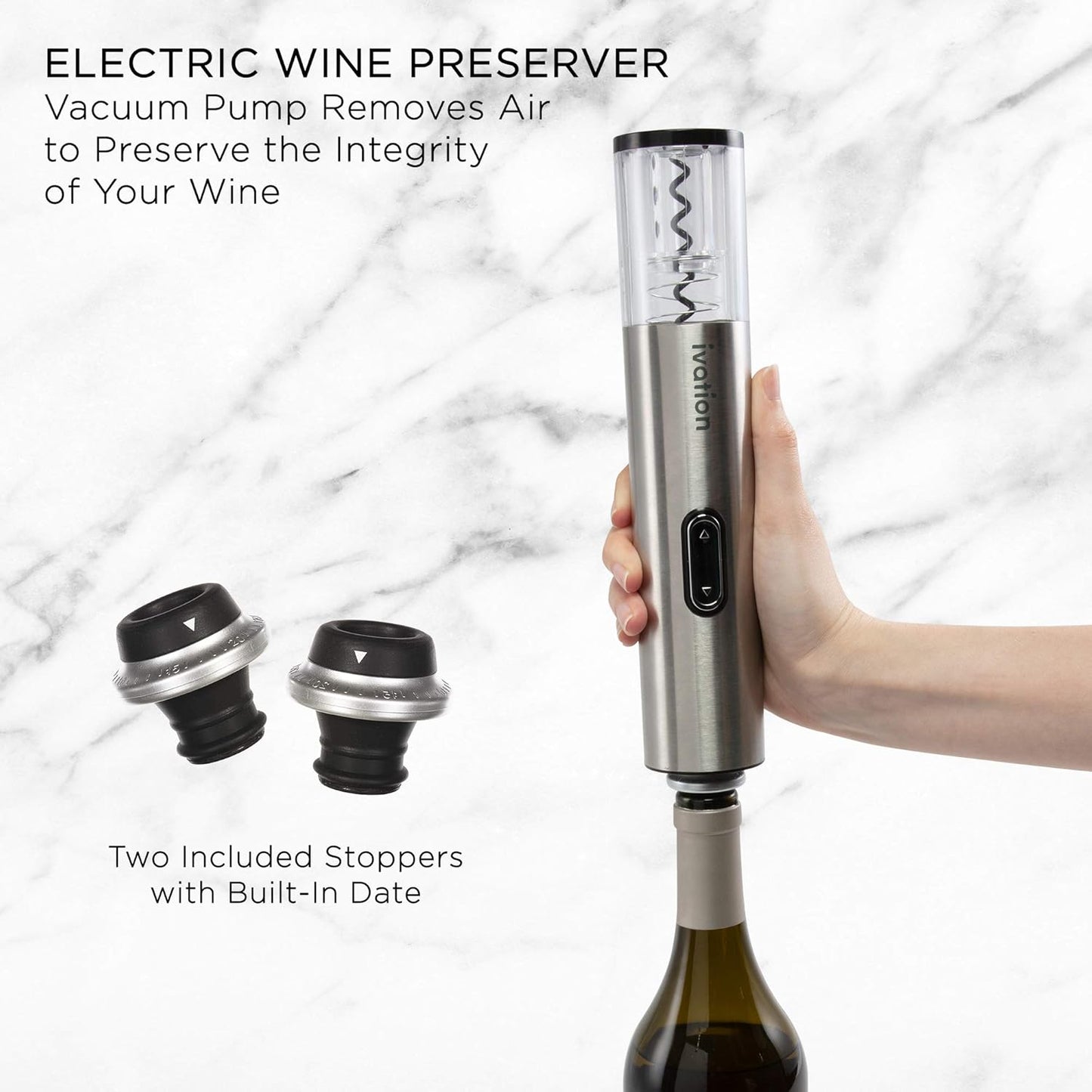 Ivation 6- Piece Electric Wine  Opener Gift Set – Stainless Steel Electric Opener, Vacuum Preserver, 2 Cork Stoppers, Foil Cutter & Charging Base