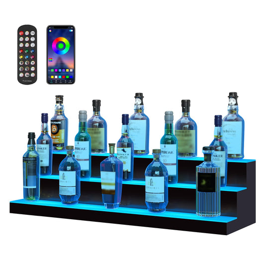 VEVOR LED Lighted Liquor Bottle Display, 3 Tiers 40 Inches, Supports USB, Illuminated Home Bar Shelf with RF Remote & App Control 7 Static Colors 1-4 H Timing, Acrylic Lighted Shelf for 30 Bottles