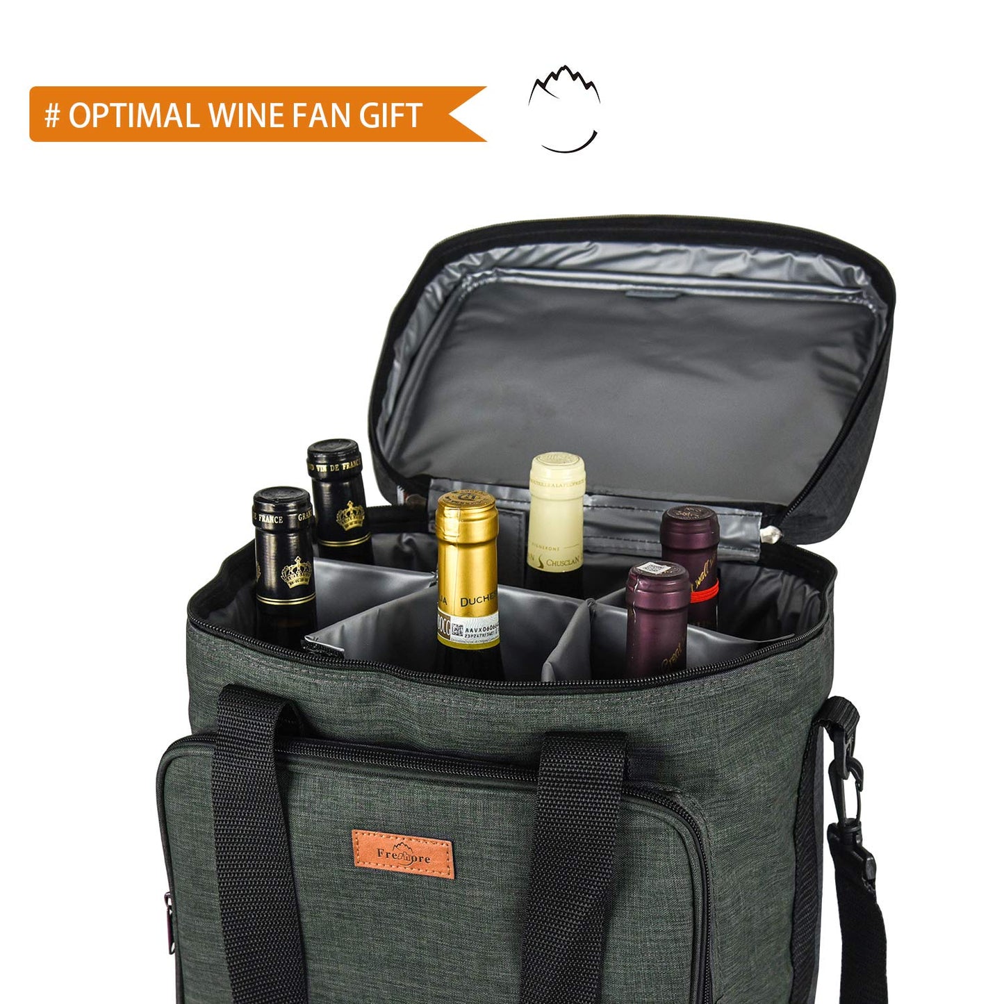 Freshore® Insulated Wine Carrier 6 bottle Bag Tote Removable Padded Divider - Portable Travel Padded Cooler Carrying Canvas Case Adjustable Shoulder Strap - (Dark Green)