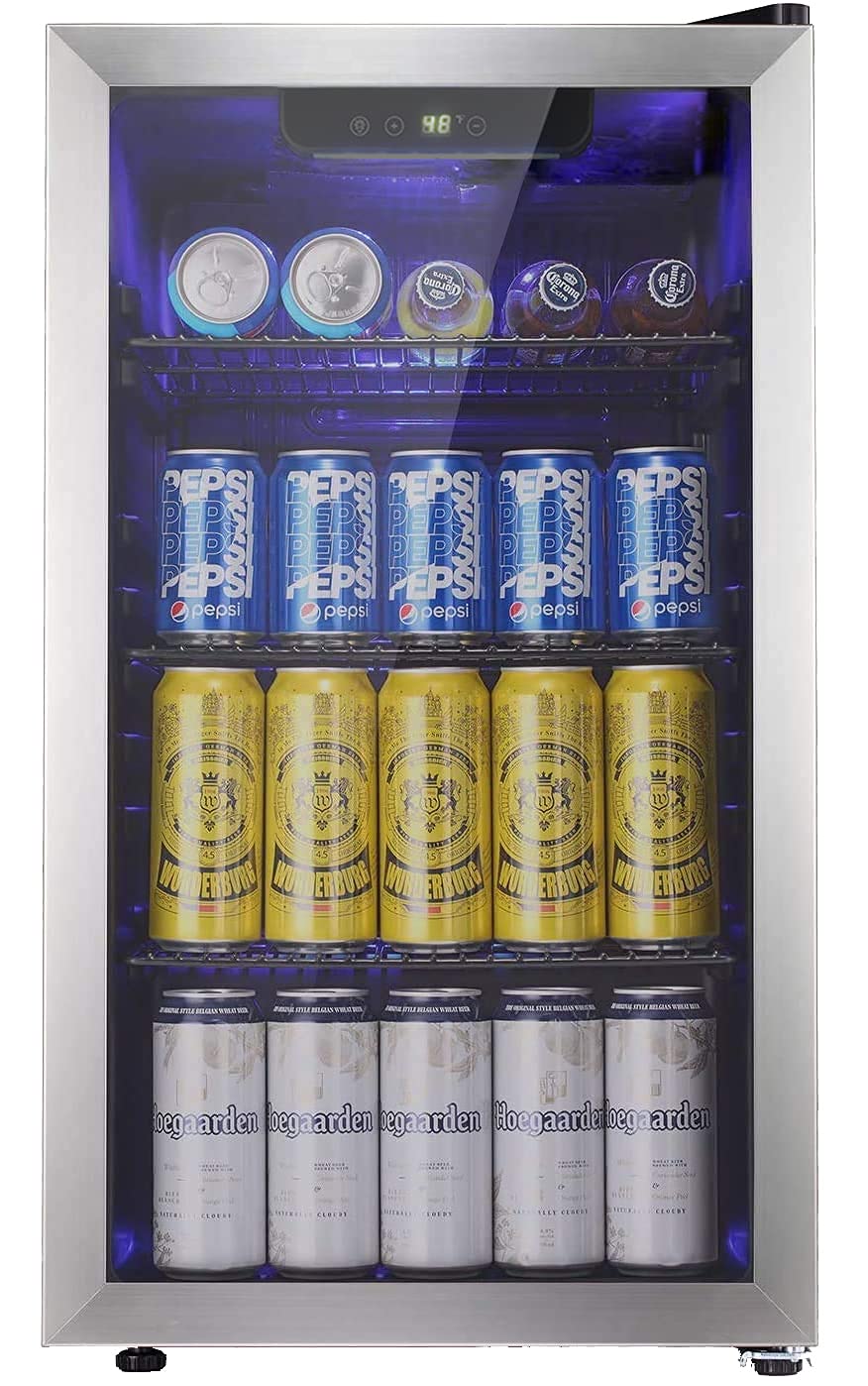 Antarctic Star Beverage Refrigerator -125 Can Mini Fridge for Soda Beer or Wine, Stainless steel door frame, for Office or Bar with Adjustable Removable Shelves, Black, 3.3 Cu.Ft
