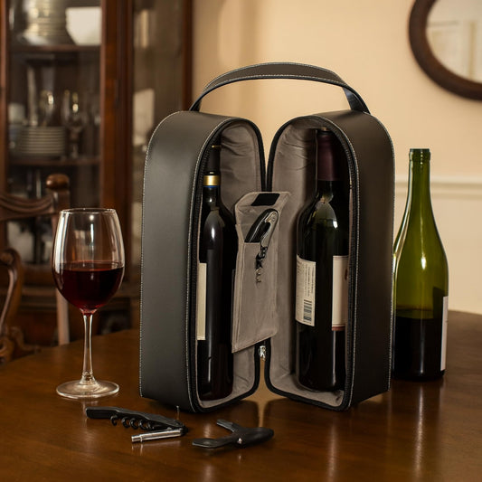 Bey-Berk Black Leather Wine Bottle Carrier – Travel Tote Bag with Tool Set, Leak-Proof & Secure Storage
