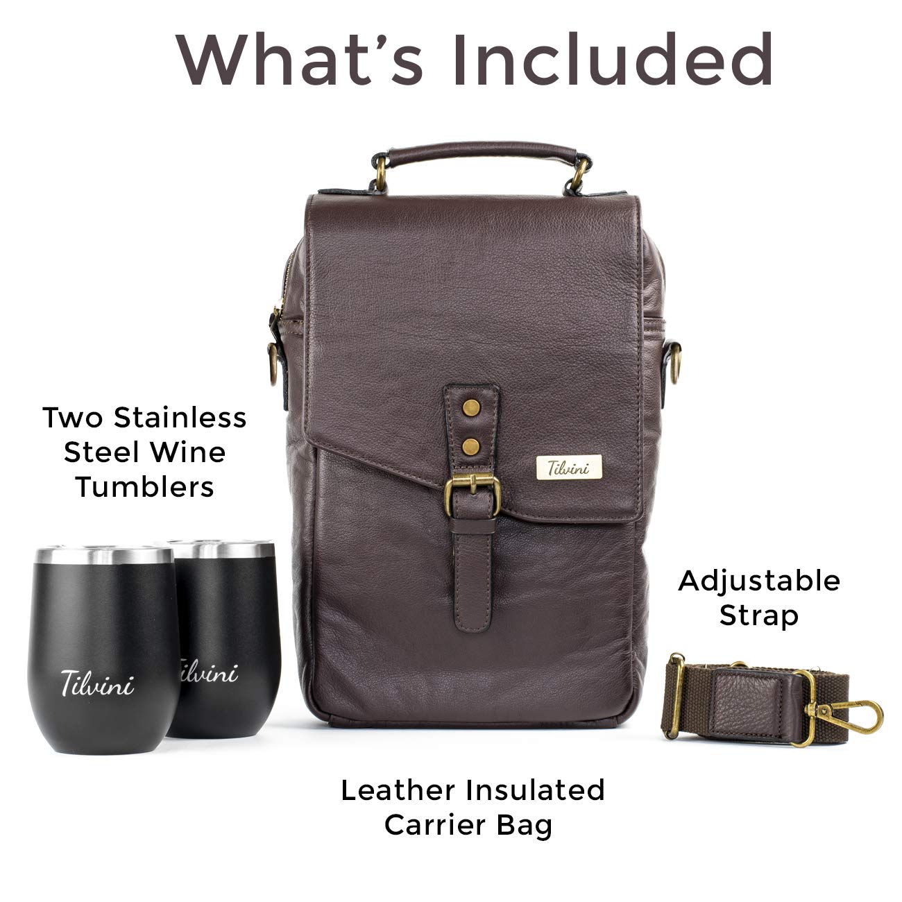 tilvini Insulated Leather Wine Bag & 2 Wine Tumblers Set. Leather Wine Bottle Carrier Tote. Wine Gifts For Men. Picnic Bag, Beach Wine Cooler Bag. Airplane Travel Byo Wine Carrier Case Couples Gift