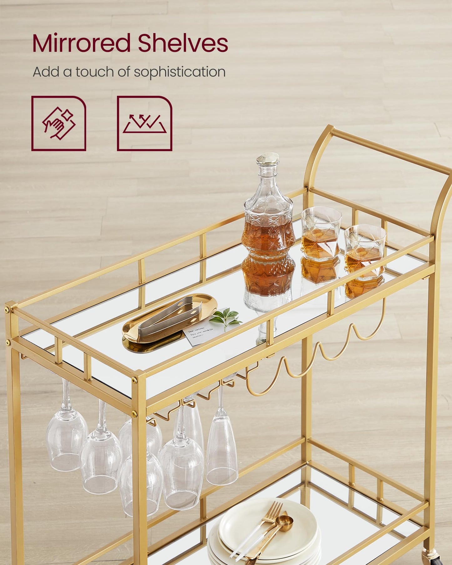 VASAGLE Bar Cart Gold, Home Bar Serving Cart, Wine Cart with 2 Mirrored Shelves, Wine Holders, Glass Holders, for Kitchen, Dining Room, Gold ULRC090A03