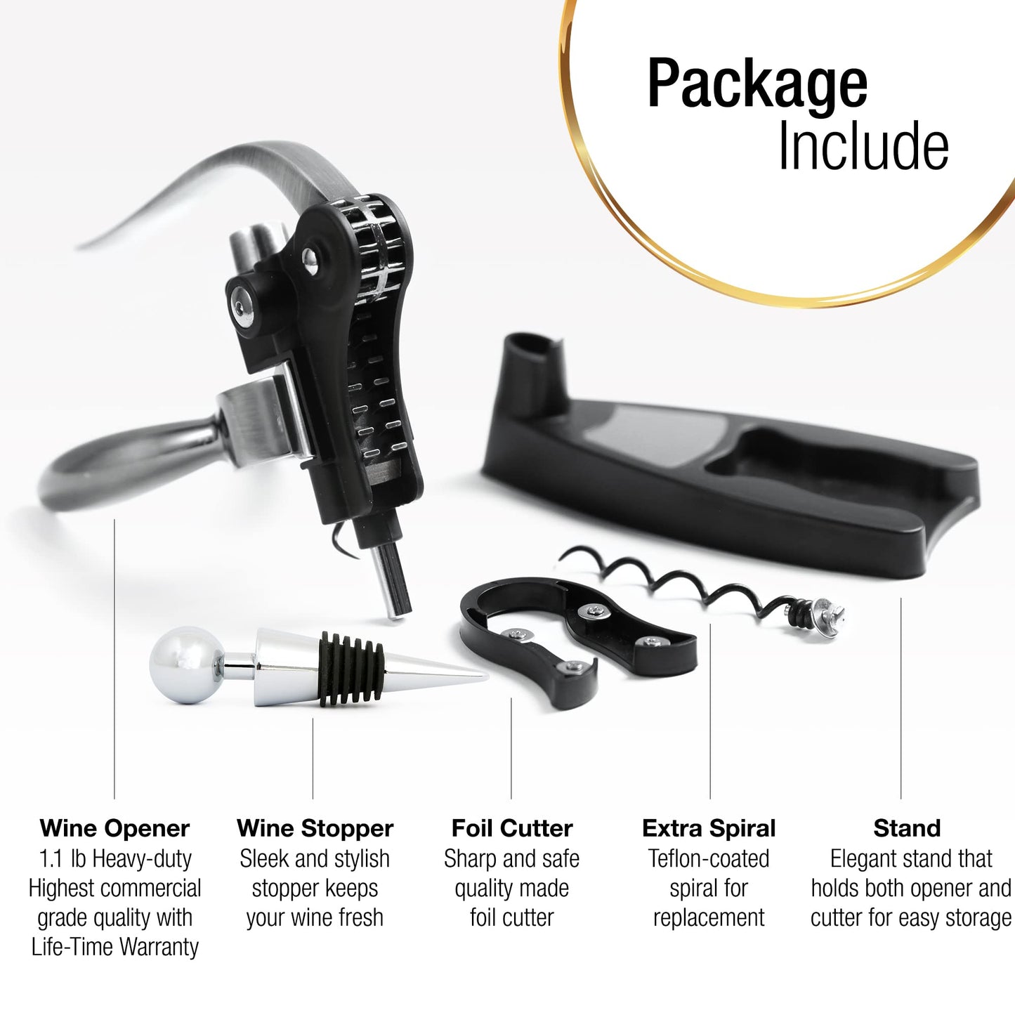 Wine Bottle Opener Corkscrew Set – Luxiluxy [2024 upgraded, does NOT break!] Including Foil Cutter, Bottle Stopper, Opener Stand and Extra Spiral - corkscrews wine opener set- wine opener kit