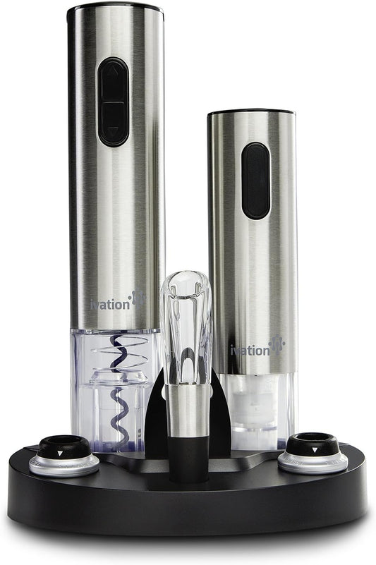 Ivation Silver Electric Wine Gift Set – Includes Bottle Opener, Aerator, Vacuum Preserver, Stoppers, Foil Cutter & Charging Base