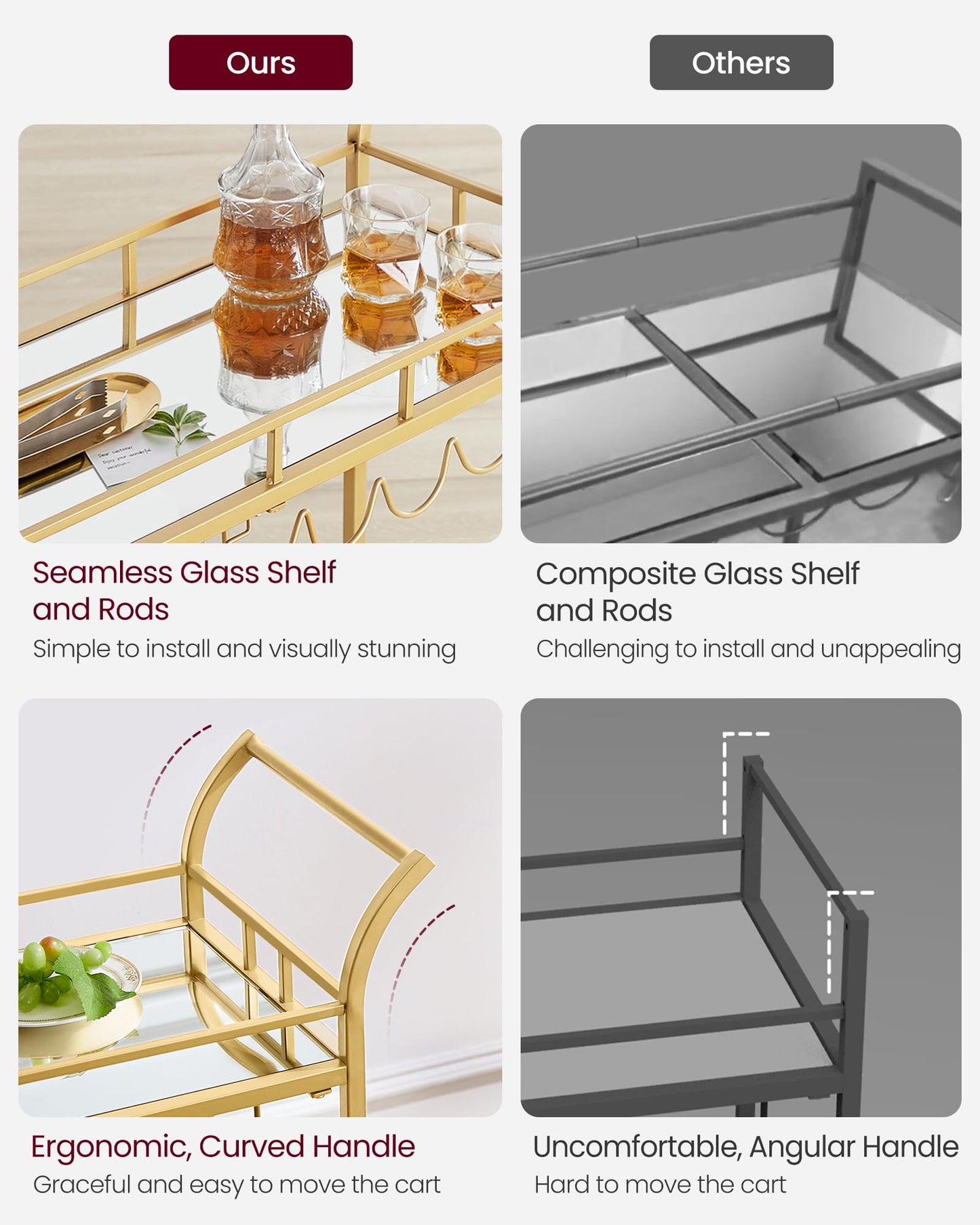VASAGLE Bar Cart Gold, Home Bar Serving Cart, Wine Cart with 2 Mirrored Shelves, Wine Holders, Glass Holders, for Kitchen, Dining Room, Gold ULRC090A03